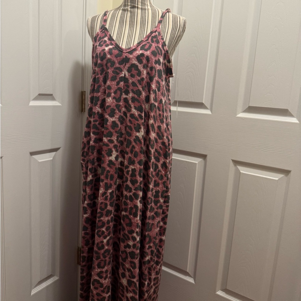 Leopard Print Maxi Dress Pockets Adjustable Straps